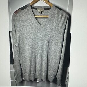 Burberry Gray V-Neck Sweater with Plaid Accent